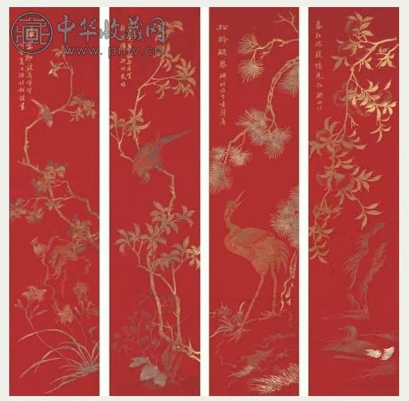 何煜 花鸟(4件) 四屏 金粉纸本