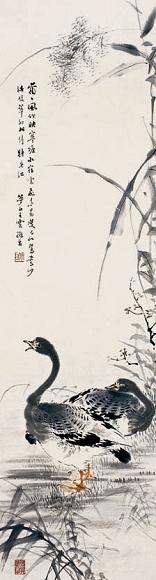 王云 双鸭戏水 立轴 设色纸本