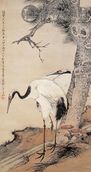 王礼 1874年作 松鹤 立轴 设色纸本