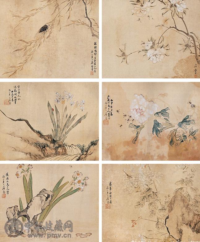 居廉 1896年作 花卉六桢 镜心 设色绢本