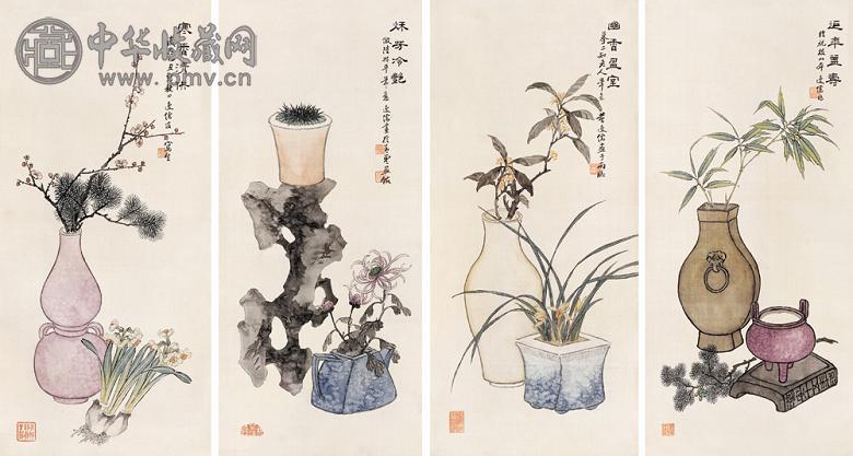 黄逸 清供 四屏 绢本