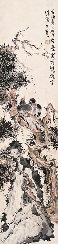 丁宝书 古柏双禽 立轴 设色纸本
