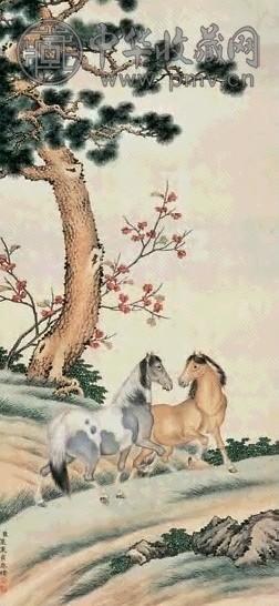 焦秉贞 双骏图 立轴 纸本