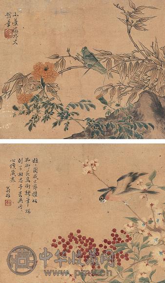 翁雒 花鸟双挖 立轴 设色纸本