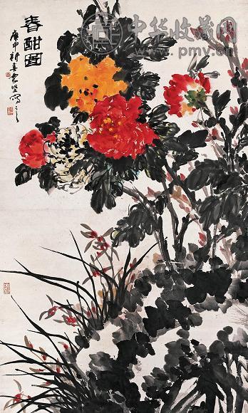 李震坚 1980(庚申)年作 春酣图 中堂 设色纸本