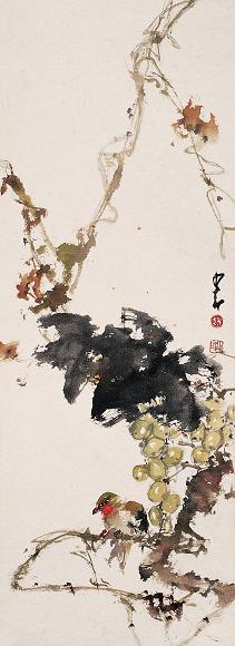 赵少昂 葡萄小鸟 镜心