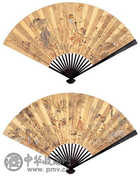 任伯年 戊寅(1878年) 花香鸟语 成扇 设色笺本