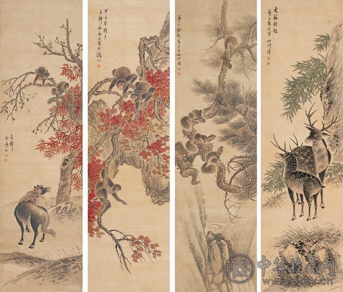 金梦石 动物 四屏 设色绢本