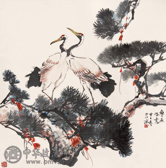 鲁燕 松鹤图 立轴 设色纸本