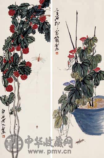 齐白石 花卉草虫(2件) 镜心 设色纸本