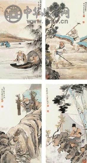 李芳园 1945年作 人物屏 四屏 设色纸本