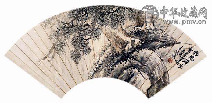 朱文侯 松石图 扇面 设色纸本