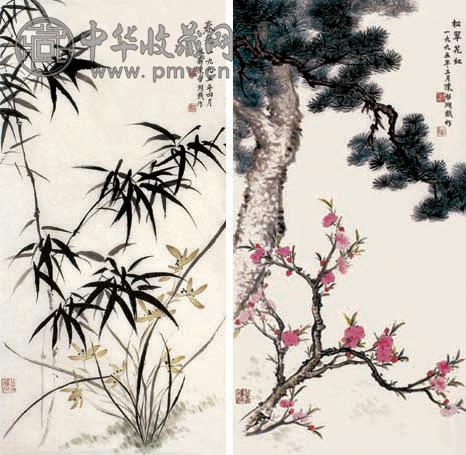 陈林斋 松翠花红(2件) 镜心 设色纸本