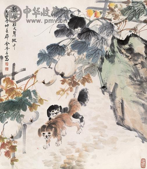 金梦石 乙丑(1925年)作 双犬 立轴 纸本