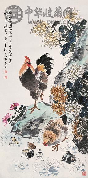 金梦石 群鸡图 立轴 设色纸本