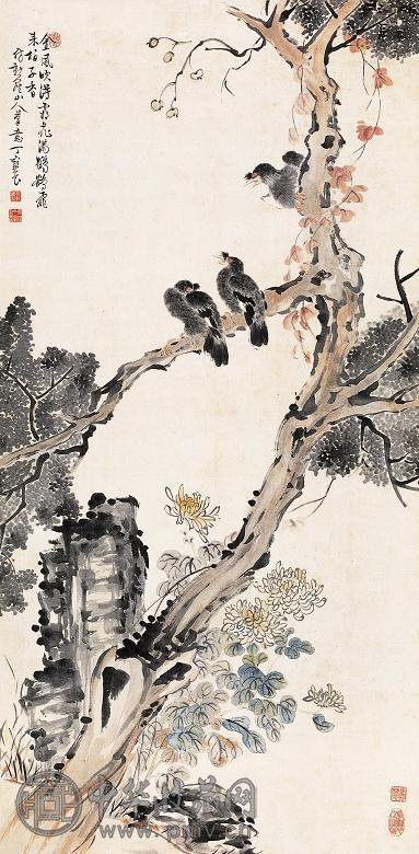 丁宝书 霜满柏香 立轴 设色纸本