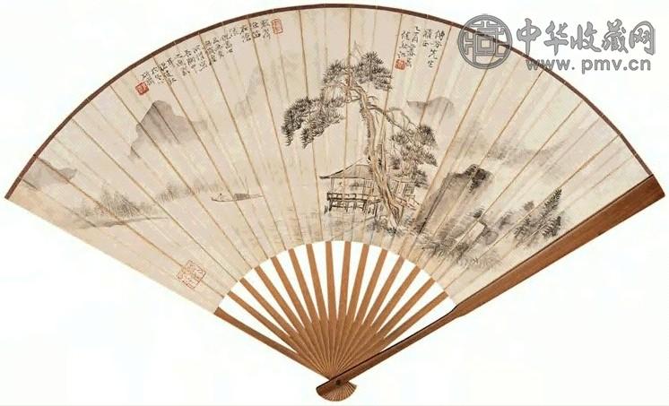 诸健秋 陆松笙 1909年作 山水 草书 成扇 设色纸本