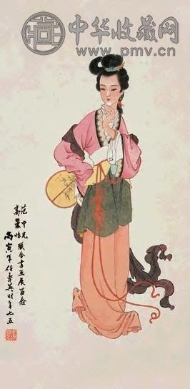 任率英 1986年作 纨扇仕女图 立轴 设色纸本