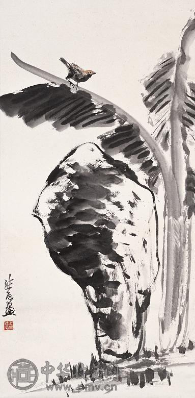 徐纯原 蕉石麻雀 中堂 设色纸本