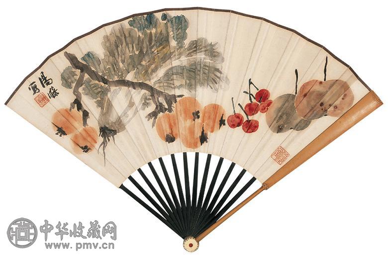 汤涤 陈云诰 果实图 书法 成扇 纸本