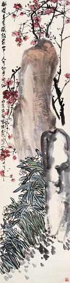 陈半丁 丙寅(1926年)作 梅石 立轴 纸本