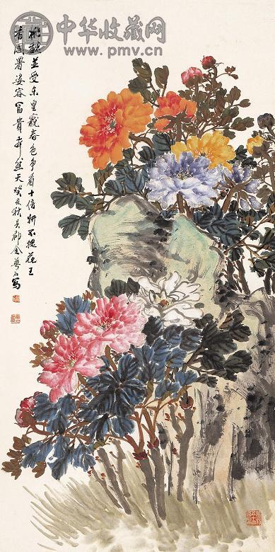 金梦石 1923年作 五色牡丹 立轴 设色纸本