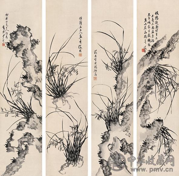 尹溎 兰石 四屏 绢本