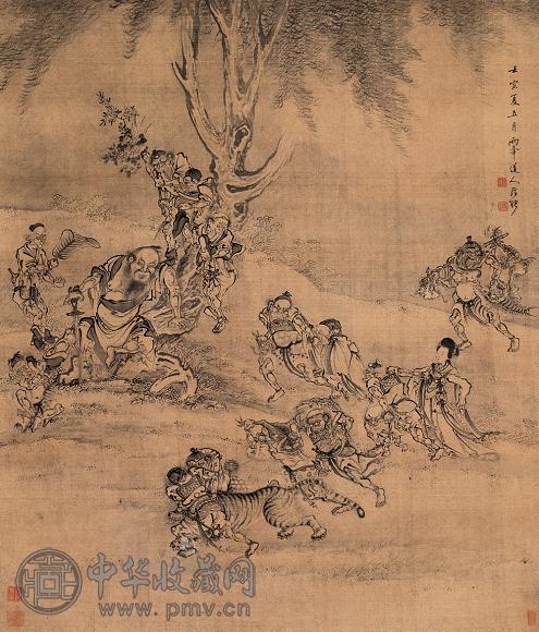 罗聘 1782年作 锺馗嫁妹 立轴 绢本