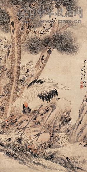 汤禄名 松鹤芝寿图 立轴 设色纸本