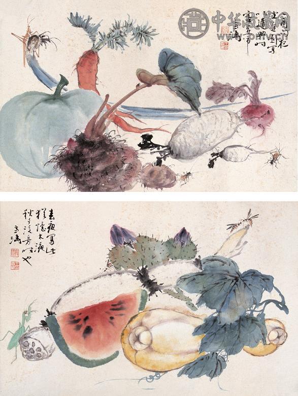 王雪涛 1945年作 蔬果图(2帧) 镜心 设色纸本