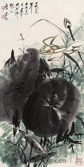 唐云 己未(1979年)作 荷塘清趣 立轴 设色纸本