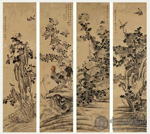 近现代 张敔 花鸟 四屏