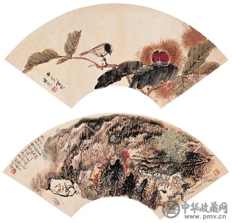 田世光 何海霞 山水花鸟(2帧) 扇面 设色纸本