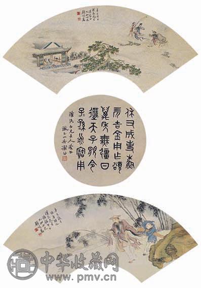 钱九如 书画扇面三挖 立轴 设色绢本