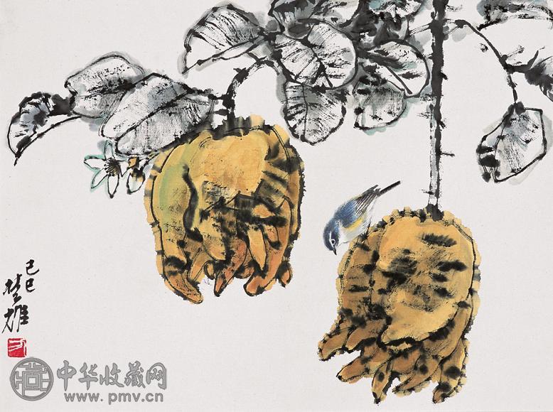 方楚雄 己巳(1989年)作 佛手小鸟 镜心 设色纸本