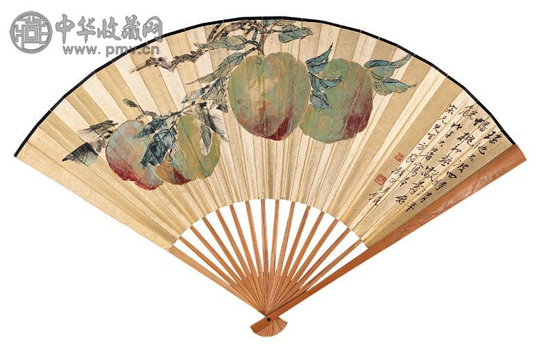 汪琨 戊子(1928年)作 蟠桃献寿 成扇 设色纸本