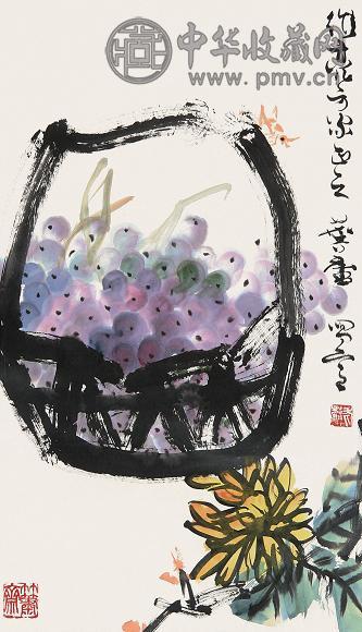 许麟庐 葡萄草虫 立轴 设色纸本