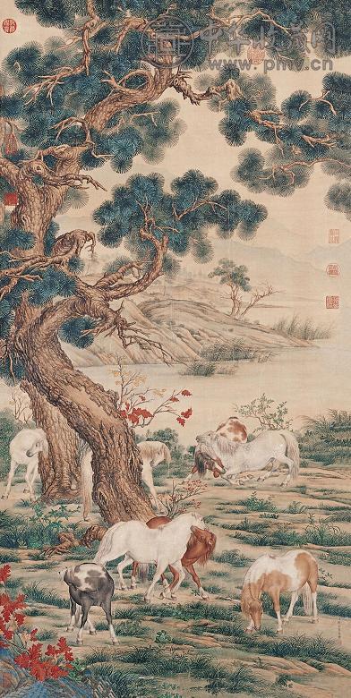 郎世宁 1739年作 八骏图 中堂 设色绢本