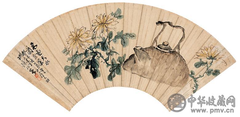 张大壮 1943(癸未)年作 品茗 扇面 设色纸本