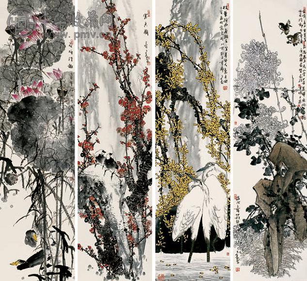 房新泉 花卉动物 四屏 设色纸本