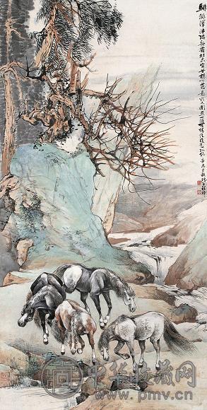 程璋 1930年作 群马图 立轴 设色纸本