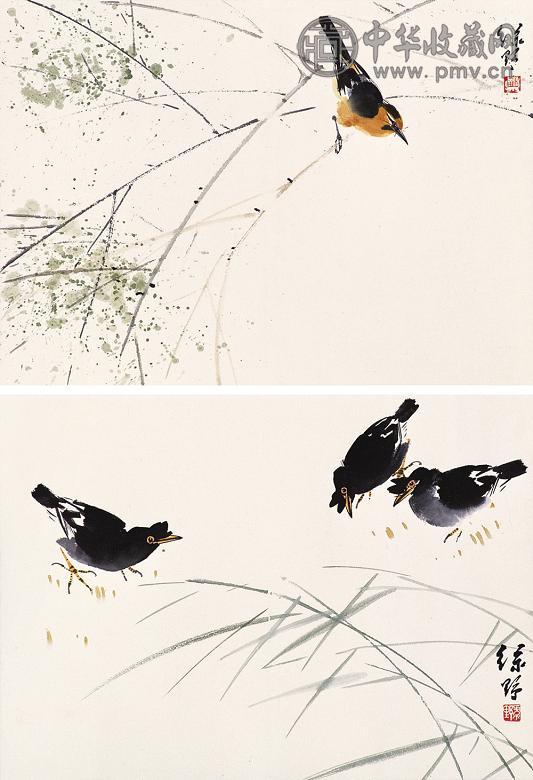 叶绿野 枝头画眉 八哥图 镜心(2帧) 设色纸本