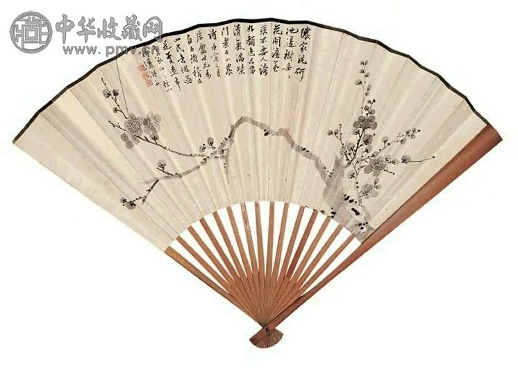 阮性山 童大年 庚寅(1950年)作 寒香图 隶书 成扇 水墨笺本