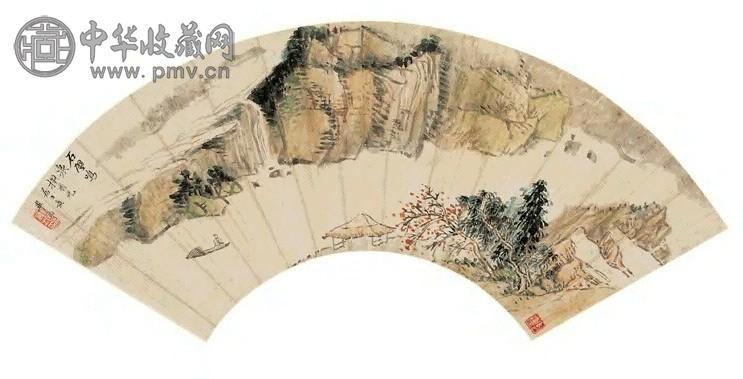 毕涵 石壁鸣泉图 扇面 设色纸本