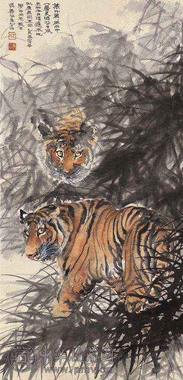 吴寿谷 乙丑(1985年)作 双虎图 立轴 设色纸本