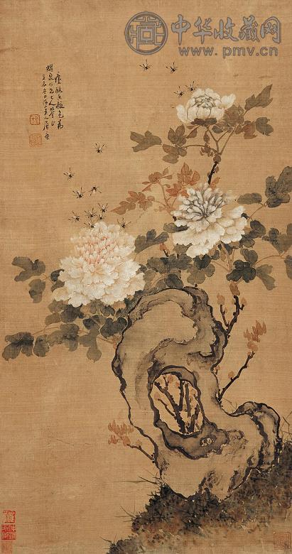 居廉 壬辰(1892年)作 牡丹蜜蜂 立轴 设色纸本