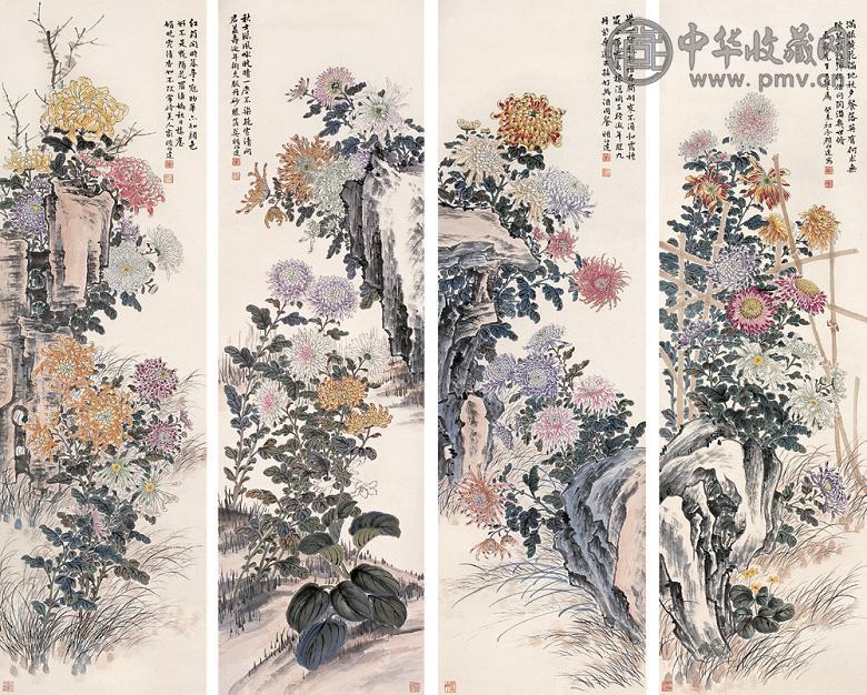 顾伯达 1943年作 花卉 四屏 纸本设色