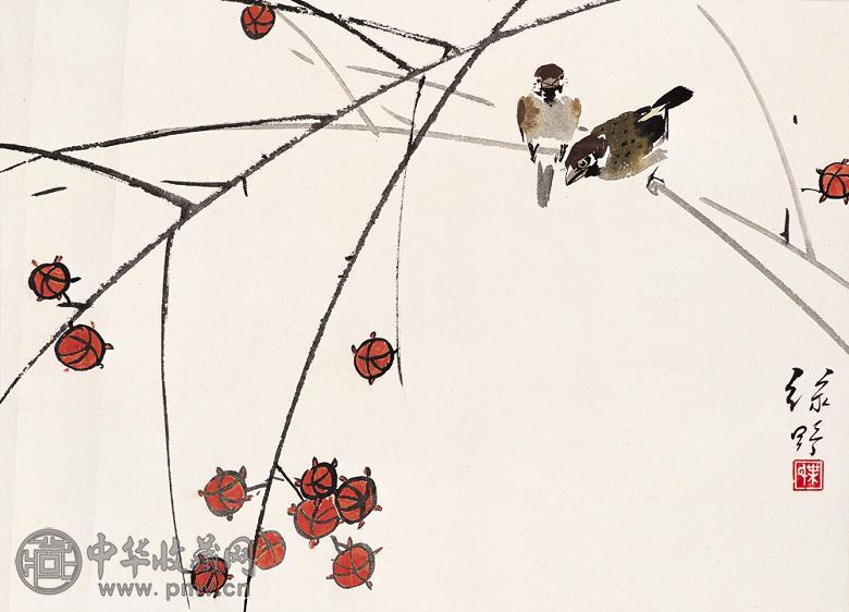 叶绿野 双雀小果 镜心 设色纸本