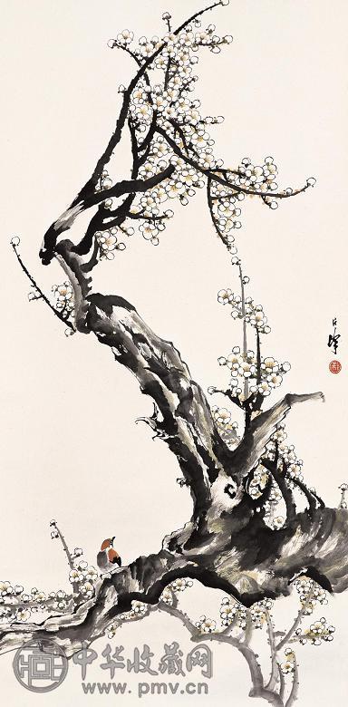 梁占峰 白梅小鸟 立轴 设色纸本