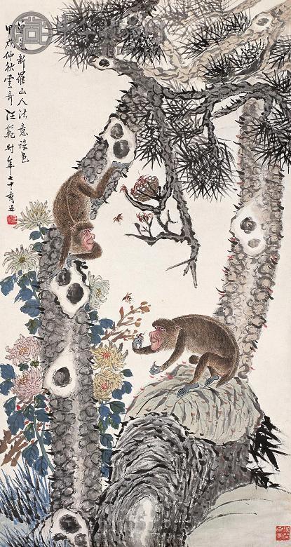 汪范 甲戌(1934年)作 松猴 立轴 纸本设色